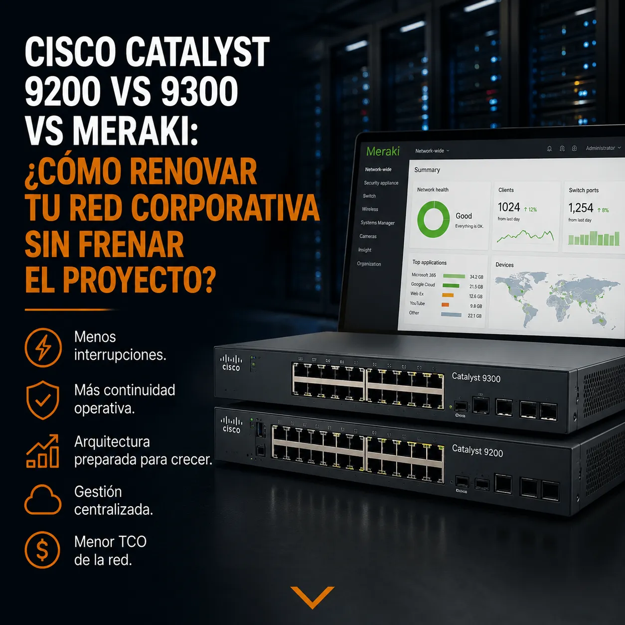 Switches Cisco Catalyst 9200 y 9300 junto a un dashboard de Cisco Meraki, en un datacenter