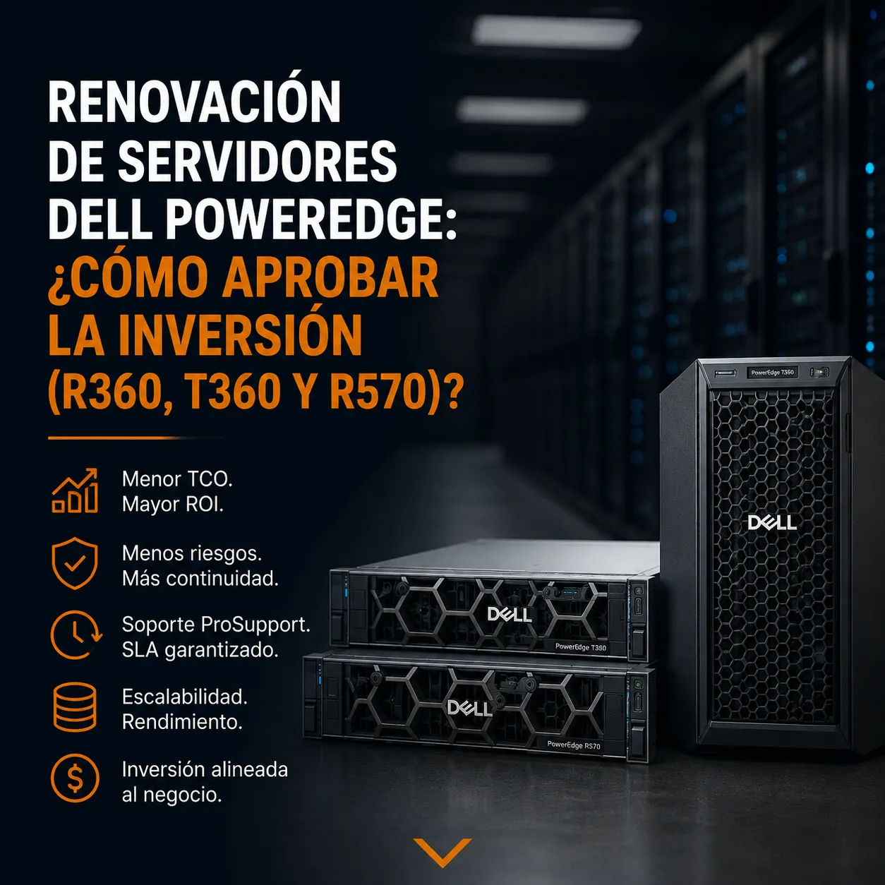 Servidores Dell PowerEdge T360 y R570 en un datacenter corporativo
