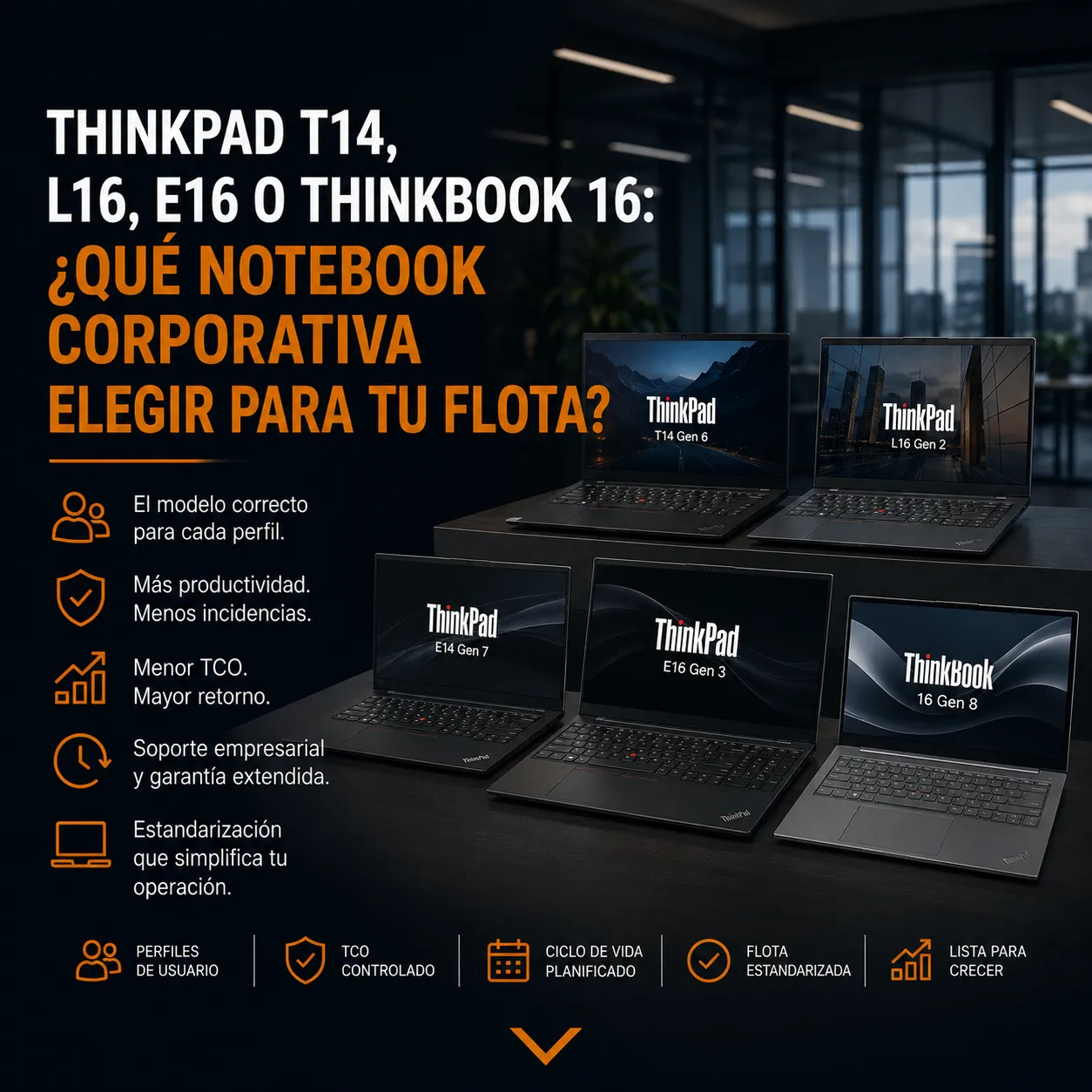 Notebooks Lenovo ThinkPad T14, L16, E14, E16 y ThinkBook 16 en una oficina corporativa